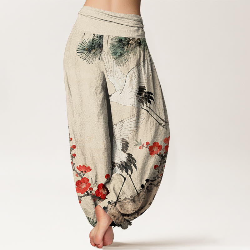 Pantalon sarouel en coton à taille élastique pour femme, imprimé Buddha Stones , fleurs de prunier - image 1