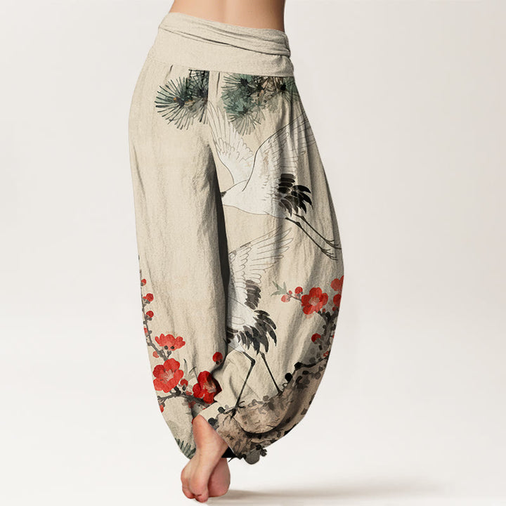 Pantalon sarouel en coton à taille élastique pour femme, imprimé Buddha Stones , fleurs de prunier - image 1