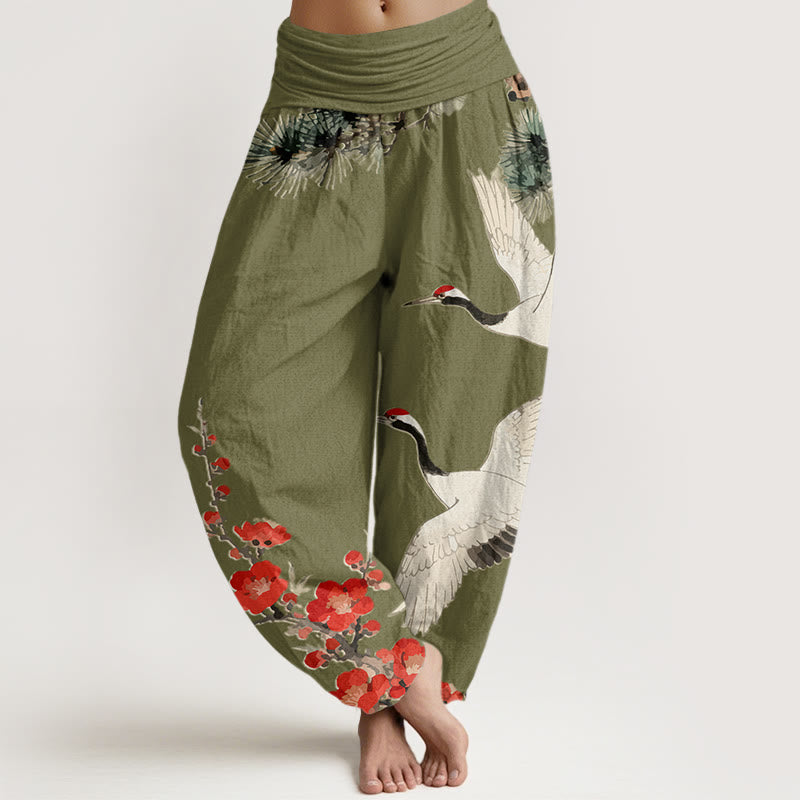 Pantalon sarouel en coton à taille élastique pour femme, imprimé Buddha Stones , fleurs de prunier - Vert olive - US22，UK/AU26，EU54 (6XL) - image 5