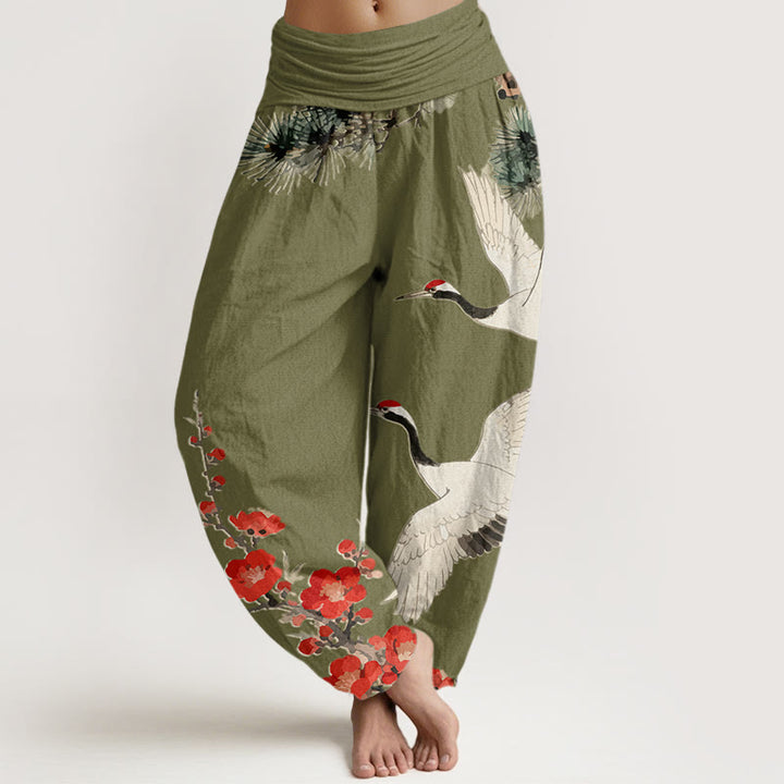 Pantalon sarouel en coton à taille élastique pour femme, imprimé Buddha Stones , fleurs de prunier - Vert olive - US22，UK/AU26，EU54 (6XL) - image 5