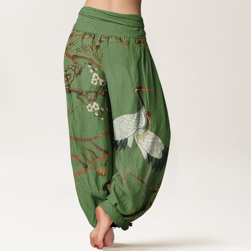 Pantalon sarouel en coton à taille élastique pour femme, imprimé Buddha Stones, fleurs de prunier, grues et pins - image 1