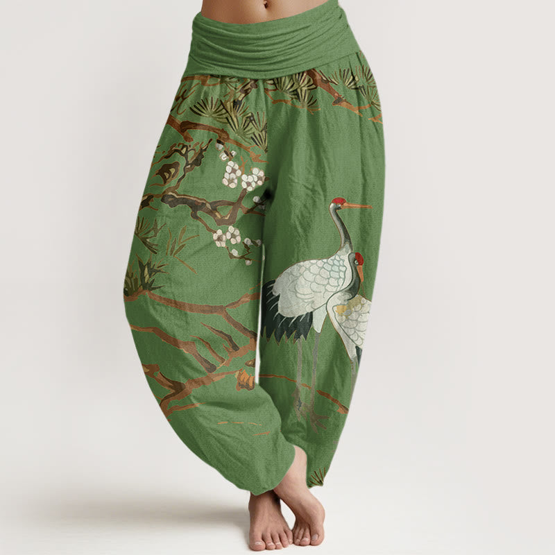 Pantalon sarouel en coton à taille élastique pour femme, imprimé Buddha Stones, fleurs de prunier, grues et pins - Vert forêt - US22，UK/AU26，EU54 (6XL) - image 0