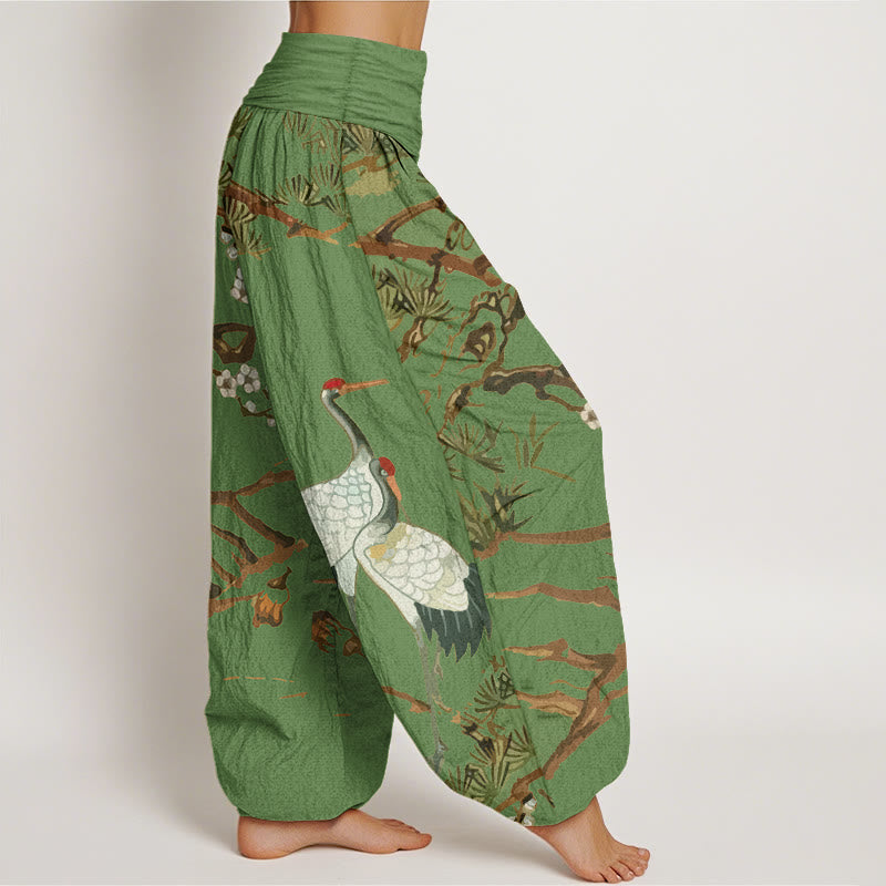 Pantalon sarouel en coton à taille élastique pour femme, imprimé Buddha Stones, fleurs de prunier, grues et pins - image 1