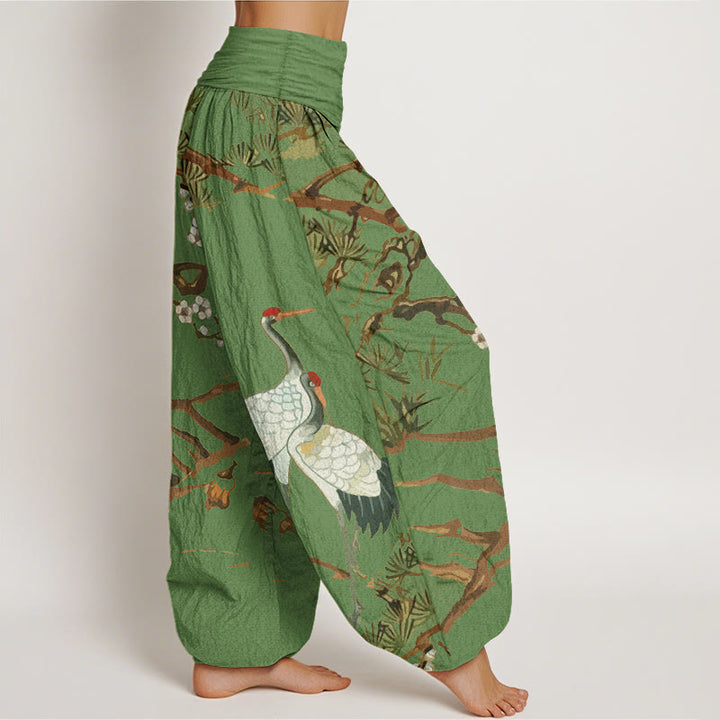 Pantalon sarouel en coton à taille élastique pour femme, imprimé Buddha Stones, fleurs de prunier, grues et pins - image 1