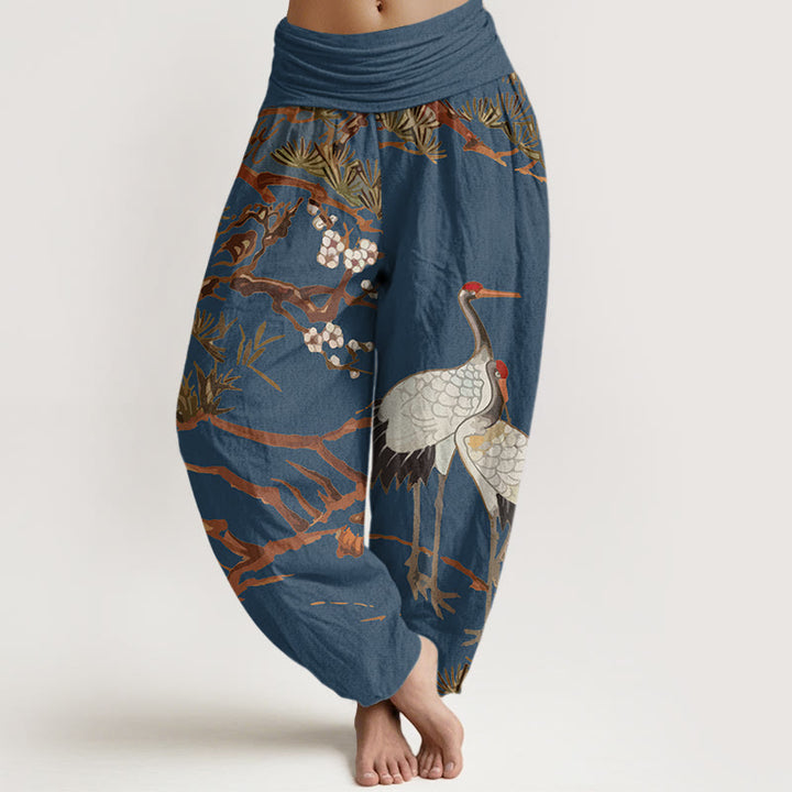 Pantalon sarouel en coton à taille élastique pour femme, imprimé Buddha Stones, fleurs de prunier, grues et pins - Bleu acier - US22，UK/AU26，EU54 (6XL) - image 5