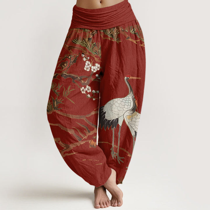 Pantalon sarouel en coton à taille élastique pour femme, imprimé Buddha Stones, fleurs de prunier, grues et pins - FireBrick - US22，UK/AU26，EU54 (6XL) - image 8