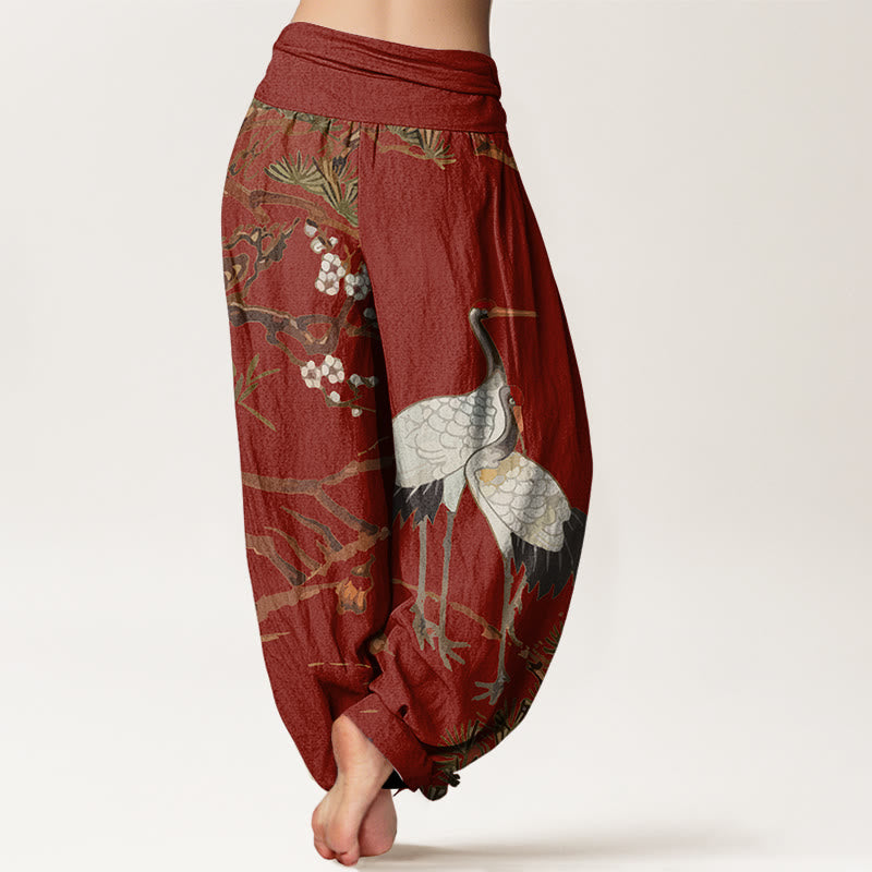Pantalon sarouel en coton à taille élastique pour femme, imprimé Buddha Stones, fleurs de prunier, grues et pins - image 10