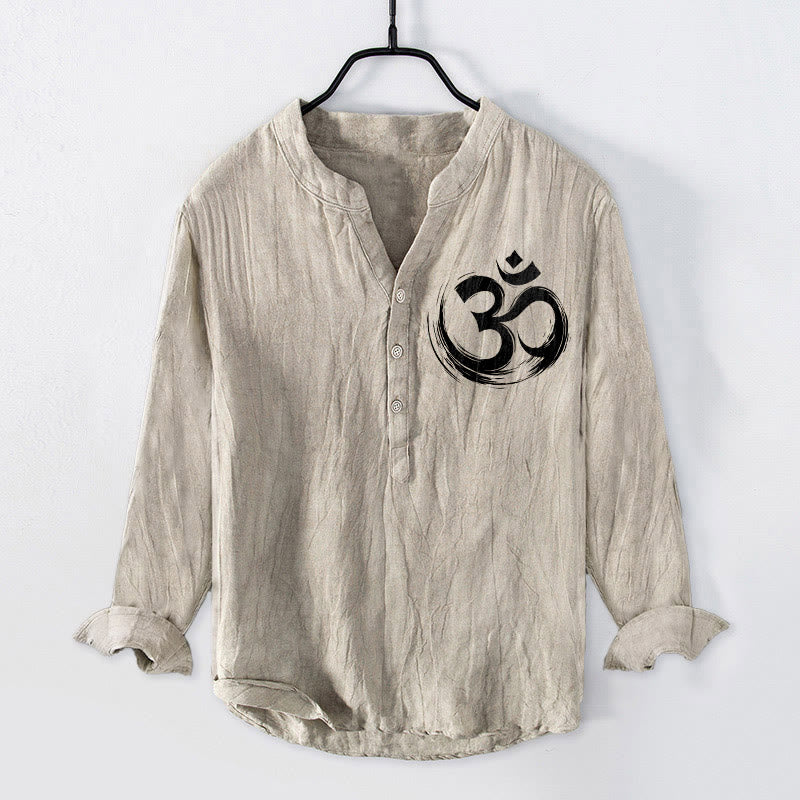 Chemise à manches longues en coton et lin pour homme, motif Buddha Stones Om, demi-boutons - Lin - US/UK/AU50，EU60 (5XL) - image 3