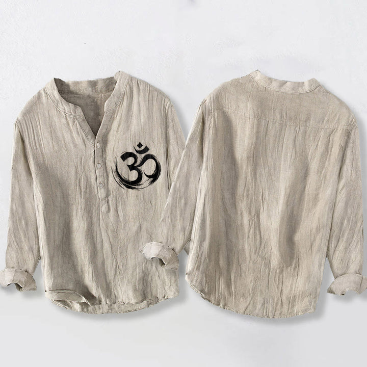 Chemise à manches longues en coton et lin pour homme, motif Buddha Stones Om, demi-boutons - image 5