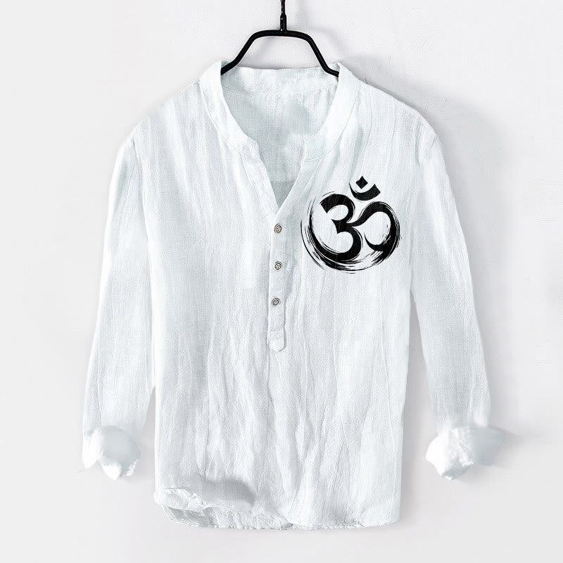 Chemise à manches longues en coton et lin pour homme, motif Buddha Stones Om, demi-boutons - Blanc - US/UK/AU50，EU60 (5XL) - image 6