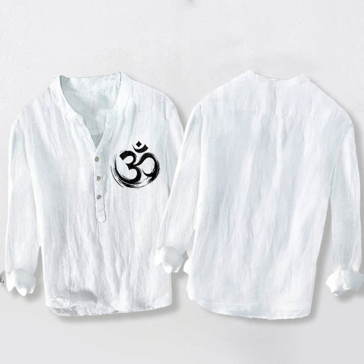 Chemise à manches longues en coton et lin pour homme, motif Buddha Stones Om, demi-boutons - image 8