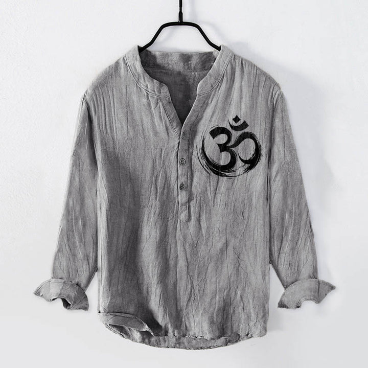Chemise à manches longues en coton et lin pour homme, motif Buddha Stones Om, demi-boutons - Gris - US/UK/AU50，EU60 (5XL) - image 0