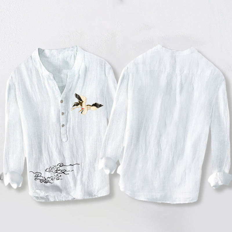 Chemise à manches longues en coton et lin pour homme, motif Buddha Stones, grue et nuages ​​de bon augure, demi-boutons - image 8