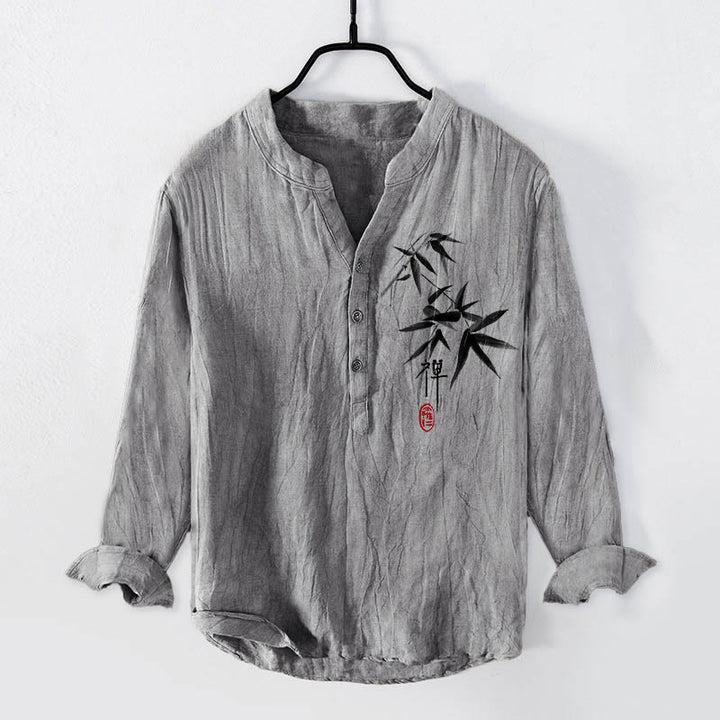 Chemise à manches longues en coton et lin pour homme, motif Buddha Stones, bambou, zen, demi-boutons - Gris - US/UK/AU50，EU60 (5XL) - image 3