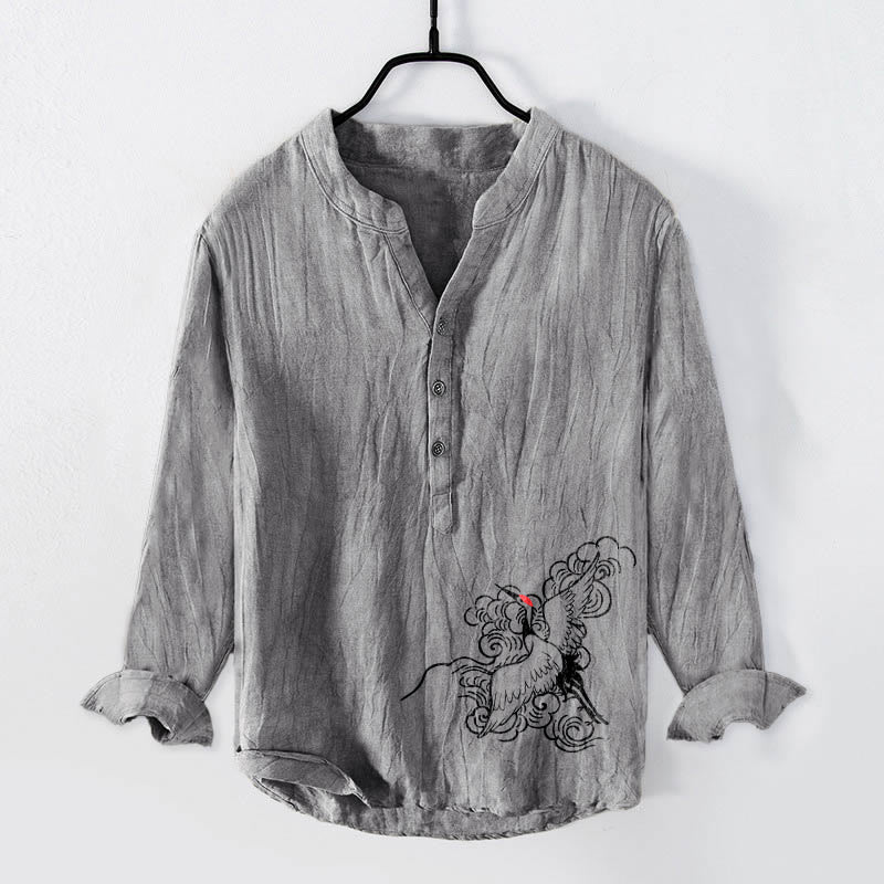 Chemise à manches longues en coton et lin pour homme, motif grue à couronne rouge et nuages, demi-boutons - Gris - États-Unis/Royaume-Uni/AU50, EU60 (5XL) - image 3