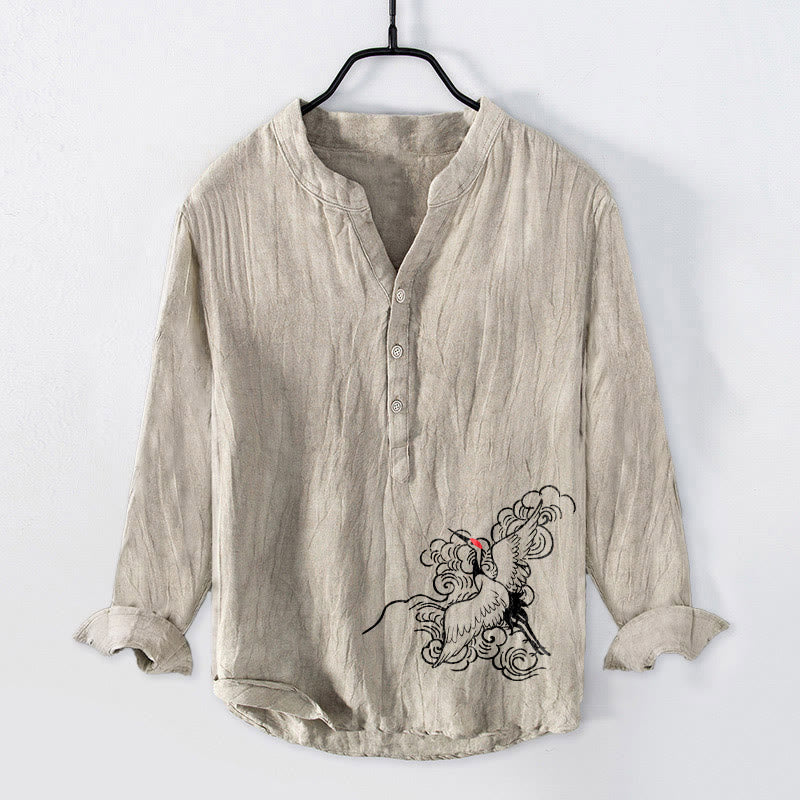 Chemise à manches longues en coton et lin pour homme, motif grue à couronne rouge et nuages, demi-boutons - Lin - US/UK/AU50，EU60 (5XL) - image 0