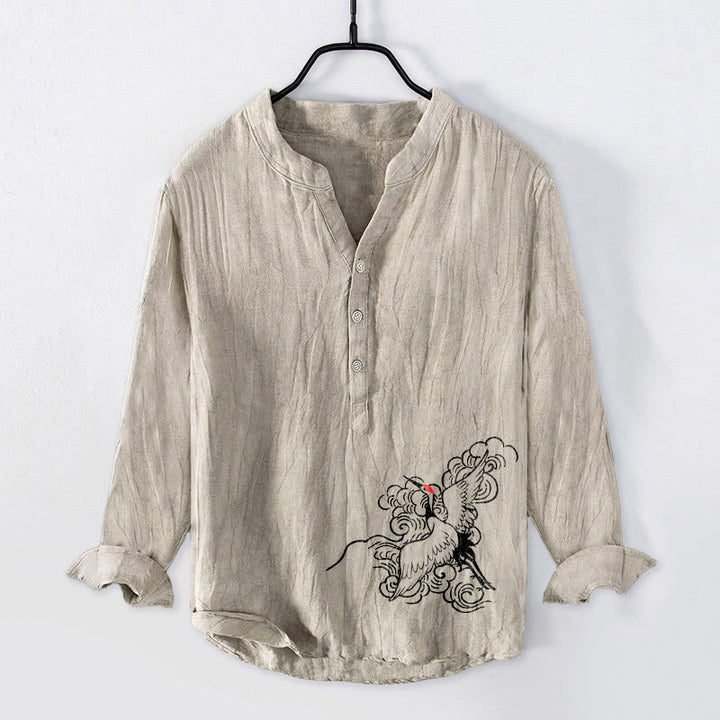 Chemise à manches longues en coton et lin pour homme, motif grue à couronne rouge et nuages, demi-boutons - Lin - US/UK/AU50，EU60 (5XL) - image 0