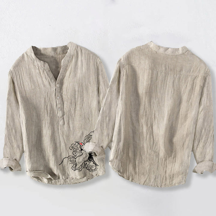 Chemise à manches longues en coton et lin pour homme, motif grue à couronne rouge et nuages, demi-boutons - image 2