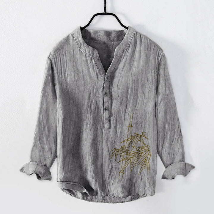 Chemise à manches longues en coton et lin pour homme, motif feuilles de bambou et Buddha Stones , demi-boutons - Gris - US/UK/AU50，EU60 (5XL) - image 3
