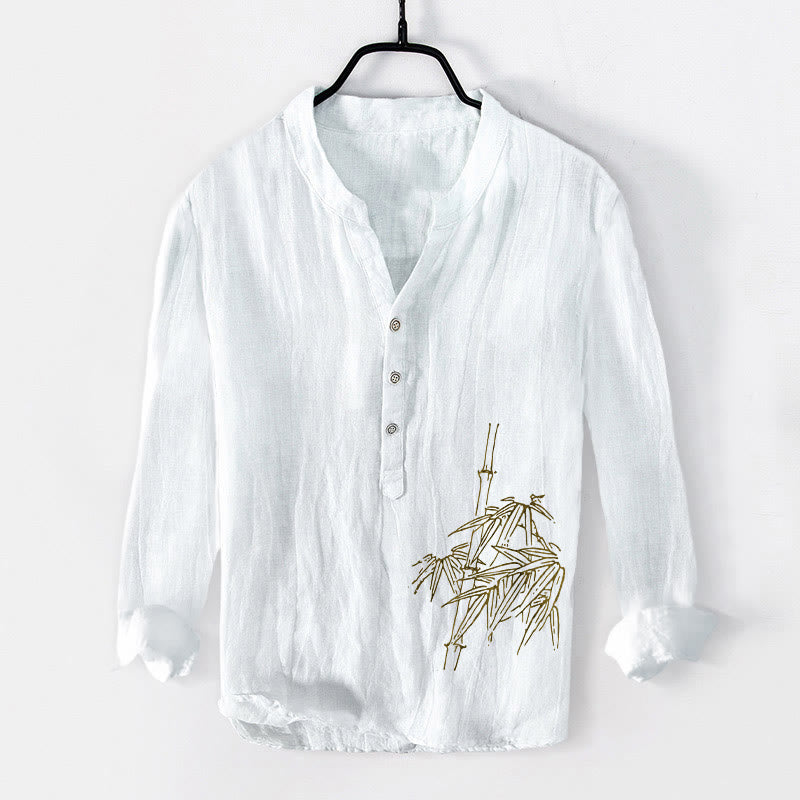 Chemise à manches longues en coton et lin pour homme, motif feuilles de bambou et Buddha Stones , demi-boutons - Blanc - US/UK/AU50，EU60 (5XL) - image 0