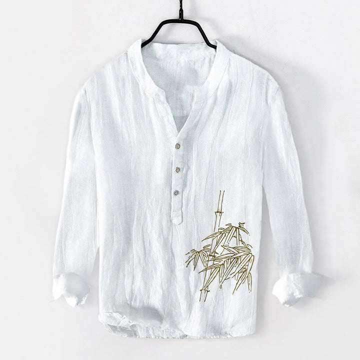 Chemise à manches longues en coton et lin pour homme, motif feuilles de bambou et Buddha Stones , demi-boutons - Blanc - États-Unis/Royaume-Uni/AU50, EU60 (5XL) - image 0