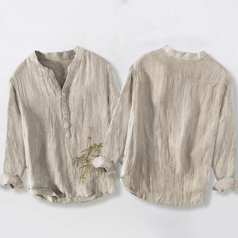 Chemise à manches longues en coton et lin pour homme, motif feuilles de bambou et Buddha Stones , demi-boutons - image 8