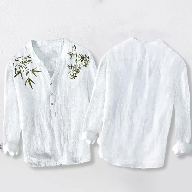 Chemise à manches longues en coton et lin pour homme, motif feuilles de bambou vertes et Buddha Stones , demi-boutons - image 8