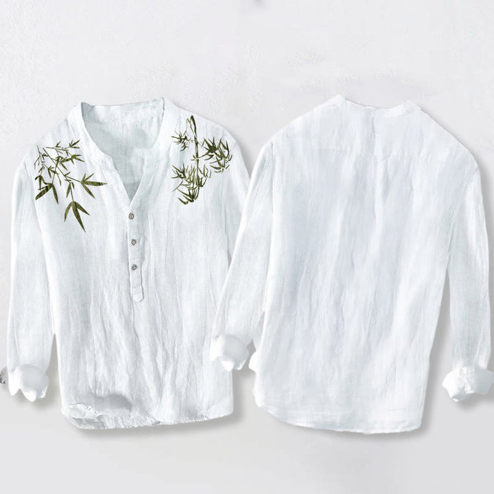 Chemise à manches longues en coton et lin pour homme, motif feuilles de bambou vertes et Buddha Stones , demi-boutons - image 8