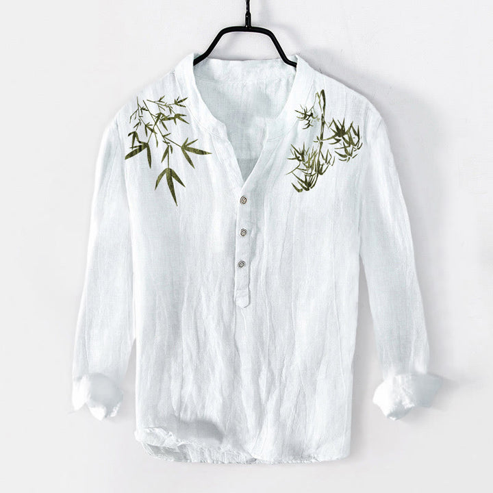 Chemise à manches longues en coton et lin pour homme, motif feuilles de bambou vertes et Buddha Stones , demi-boutons - Blanc - US/UK/AU50，EU60 (5XL) - image 6