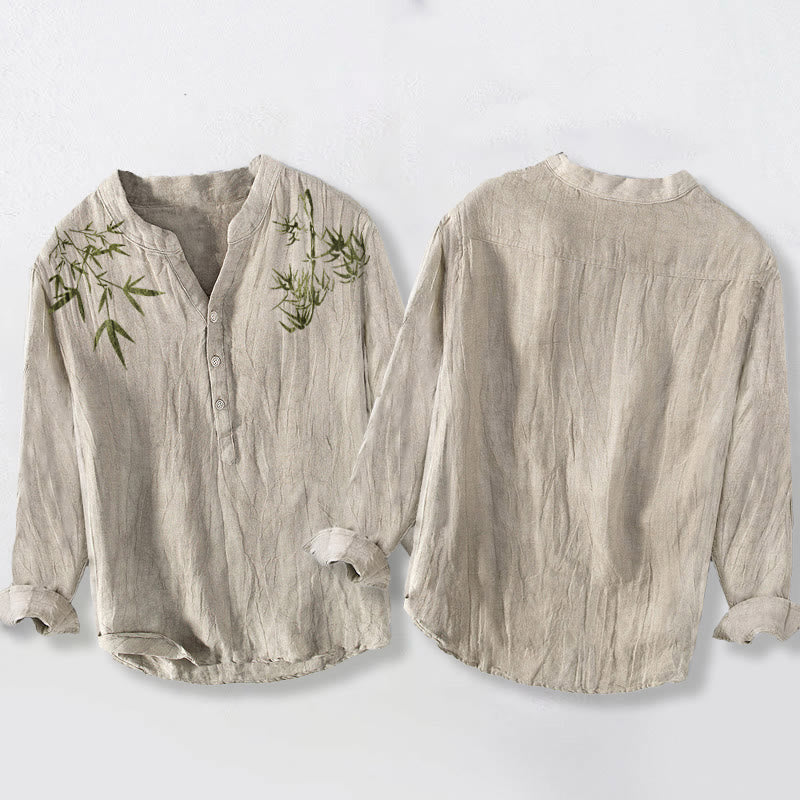 Chemise à manches longues en coton et lin pour homme, motif feuilles de bambou vertes et Buddha Stones , demi-boutons - image 2