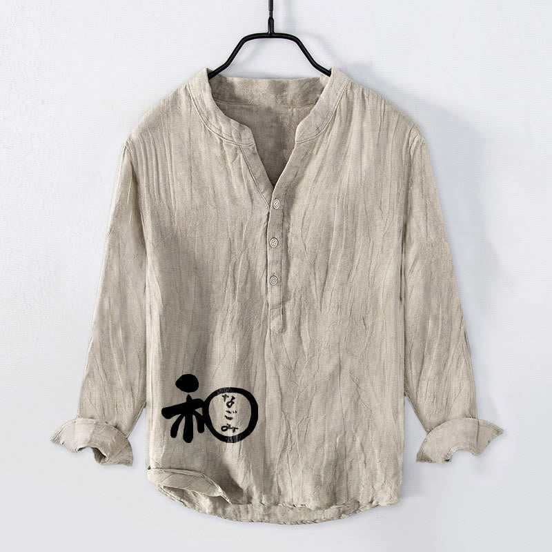 Chemise à manches longues en coton et lin pour homme, motif Buddha Stones, caractères chinois, harmonie, demi-boutons - Lin - US/UK/AU50，EU60 (5XL) - image 3