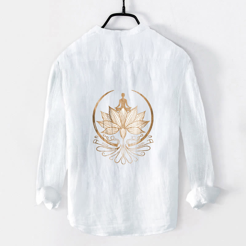 Chemise à manches longues en coton et lin pour homme, Buddha Stones et méditation, motif lotus, demi-boutons - image 8