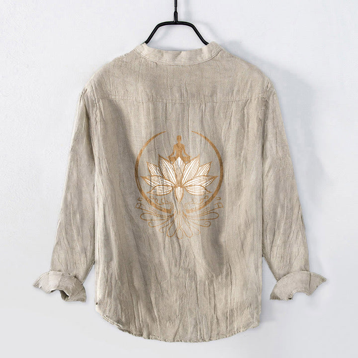 Chemise à manches longues en coton et lin pour homme, Buddha Stones et méditation, motif lotus, demi-boutons - image 5
