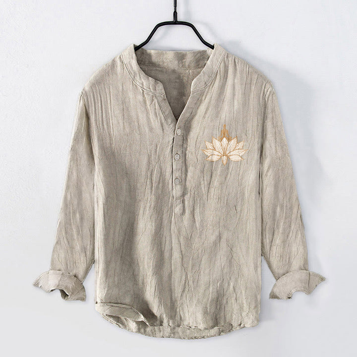 Chemise à manches longues en coton et lin pour homme, Buddha Stones et méditation, motif lotus, demi-boutons - image 4