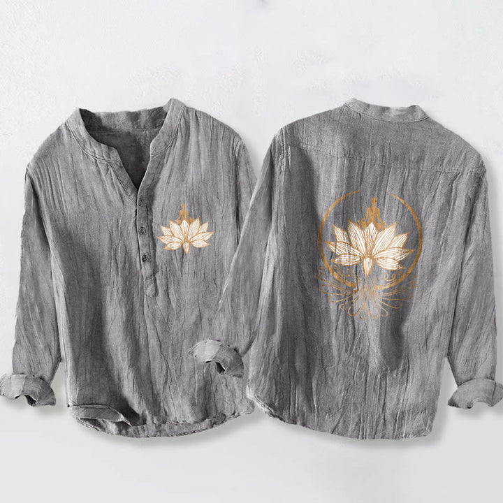 Chemise à manches longues en coton et lin pour homme, Buddha Stones et méditation, motif lotus, demi-boutons - Gris - US/UK/AU50，EU60 (5XL) - image 0