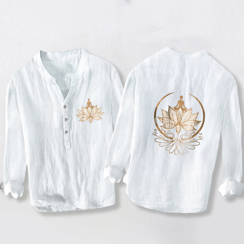 Chemise à manches longues en coton et lin pour homme, Buddha Stones et méditation, motif lotus, demi-boutons - Blanc - US/UK/AU50，EU60 (5XL) - image 6