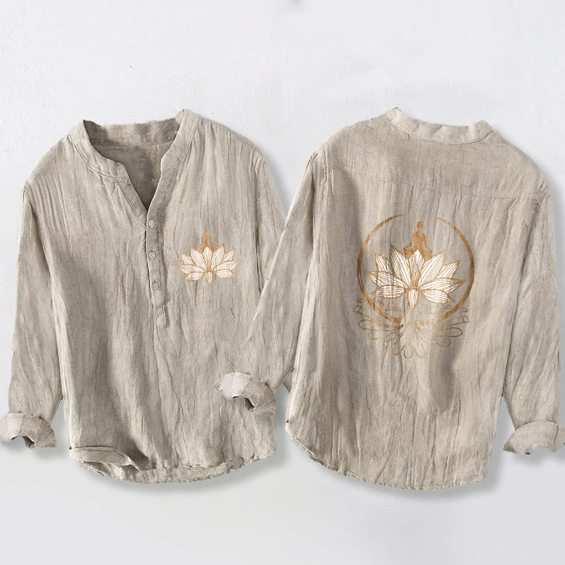 Chemise à manches longues en coton et lin pour homme, Buddha Stones et méditation, motif lotus, demi-boutons - Lin - US/UK/AU50，EU60 (5XL) - image 3