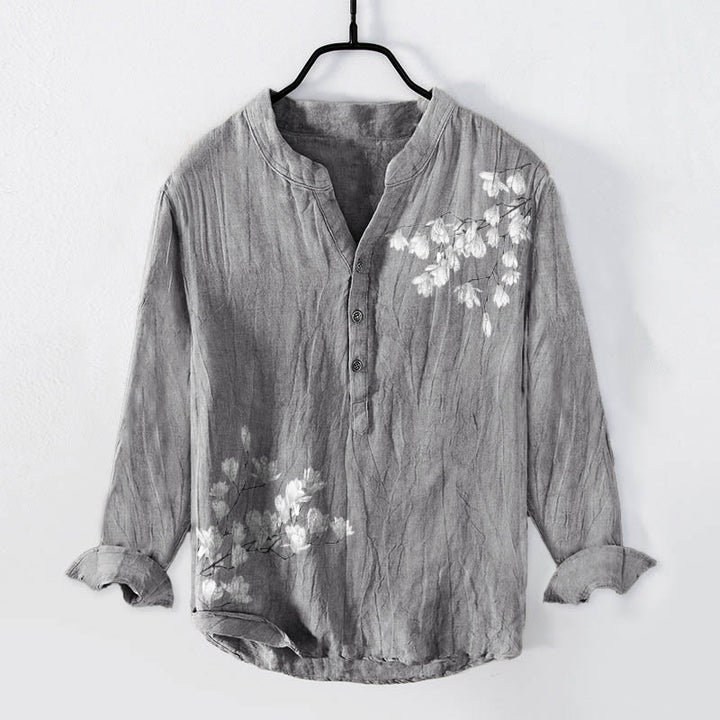 Chemise à manches longues en coton et lin pour homme, motif Buddha Stones, fleurs de magnolia, branches, demi-boutons - Gris - US/UK/AU50，EU60 (5XL) - image 0