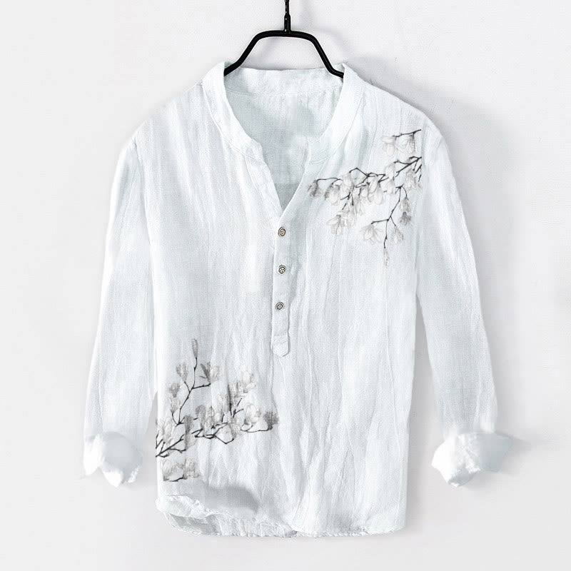 Chemise à manches longues en coton et lin pour homme, motif Buddha Stones, fleurs de magnolia, branches, demi-boutons - Blanc - US/UK/AU50，EU60 (5XL) - image 6