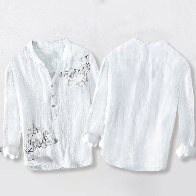 Chemise à manches longues en coton et lin pour homme, motif Buddha Stones, fleurs de magnolia, branches, demi-boutons - image 8