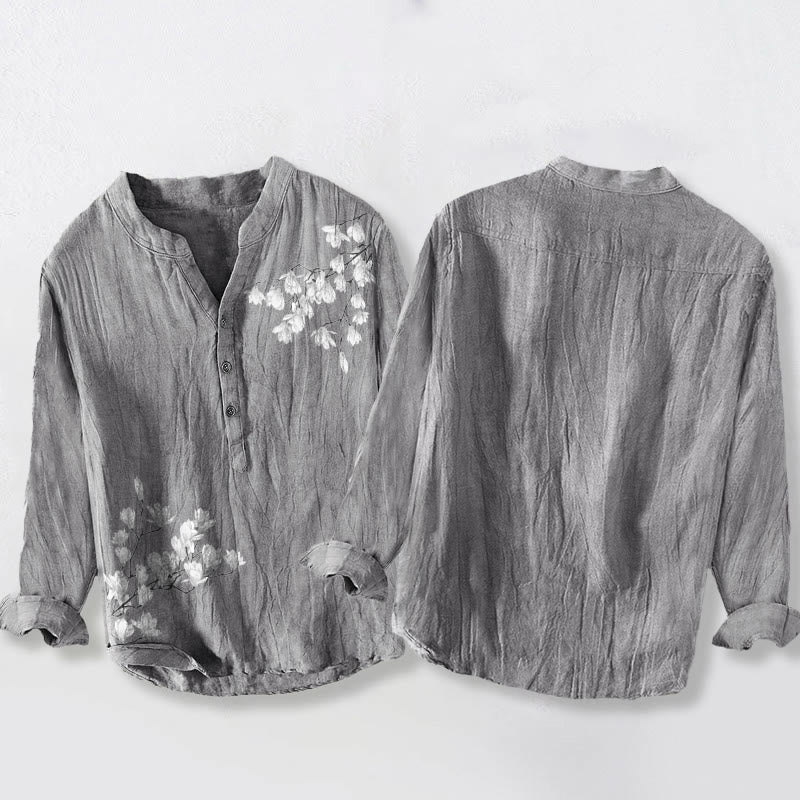 Chemise à manches longues en coton et lin pour homme, motif Buddha Stones, fleurs de magnolia, branches, demi-boutons - image 2