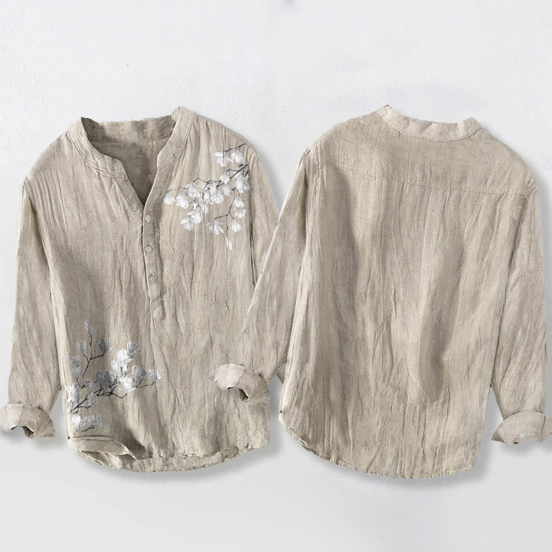 Chemise à manches longues en coton et lin pour homme, motif Buddha Stones, fleurs de magnolia, branches, demi-boutons - image 5