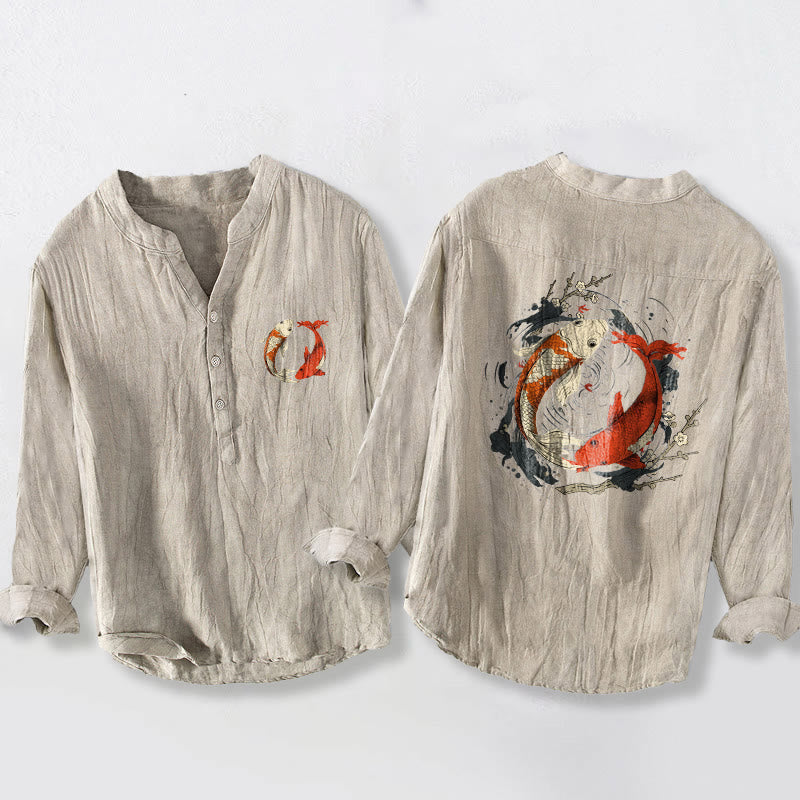 Chemise à manches longues en coton et lin pour homme, motif Buddha Stones koï rouge et blanc, demi-boutons, motif Yin Yang - Lin - États-Unis/Royaume-Uni/AU50, EU60 (5XL) - image 0