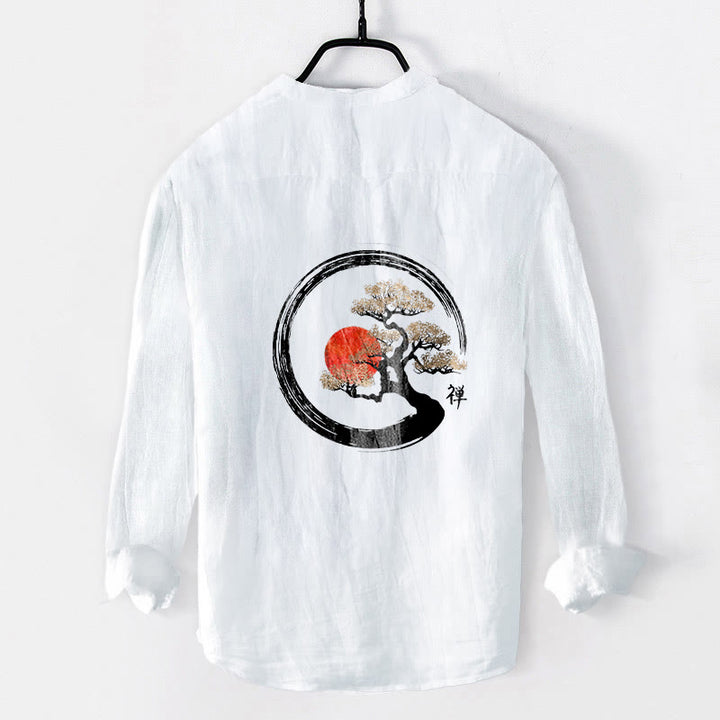 Chemise à manches longues en coton et lin pour homme, motif Buddha Stones, zen, pin, soleil, demi-boutons - image 8