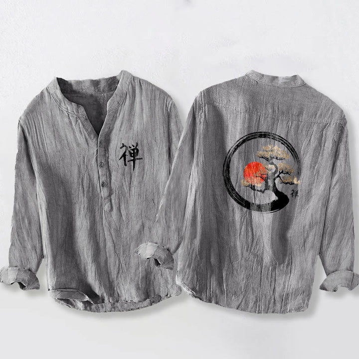 Chemise à manches longues en coton et lin pour homme, motif Buddha Stones, zen, pin, soleil, demi-boutons - Gris - US/UK/AU50，EU60 (5XL) - image 0