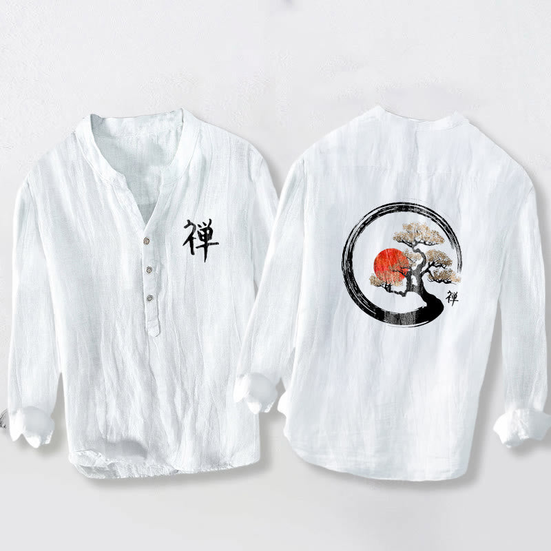 Chemise à manches longues en coton et lin pour homme, motif Buddha Stones, zen, pin, soleil, demi-boutons - Blanc - US/UK/AU50，EU60 (5XL) - image 6