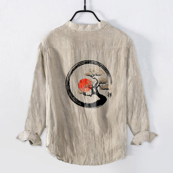 Chemise à manches longues en coton et lin pour homme, motif Buddha Stones, zen, pin, soleil, demi-boutons - image 5