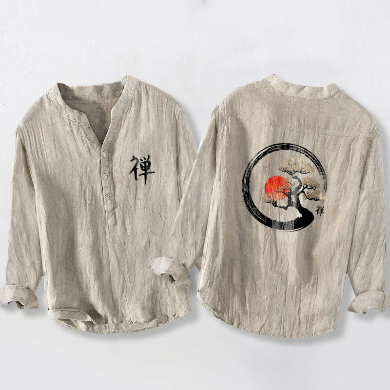 Chemise à manches longues en coton et lin pour homme, motif Buddha Stones, zen, pin, soleil, demi-boutons - Lin - US/UK/AU50，EU60 (5XL) - image 3