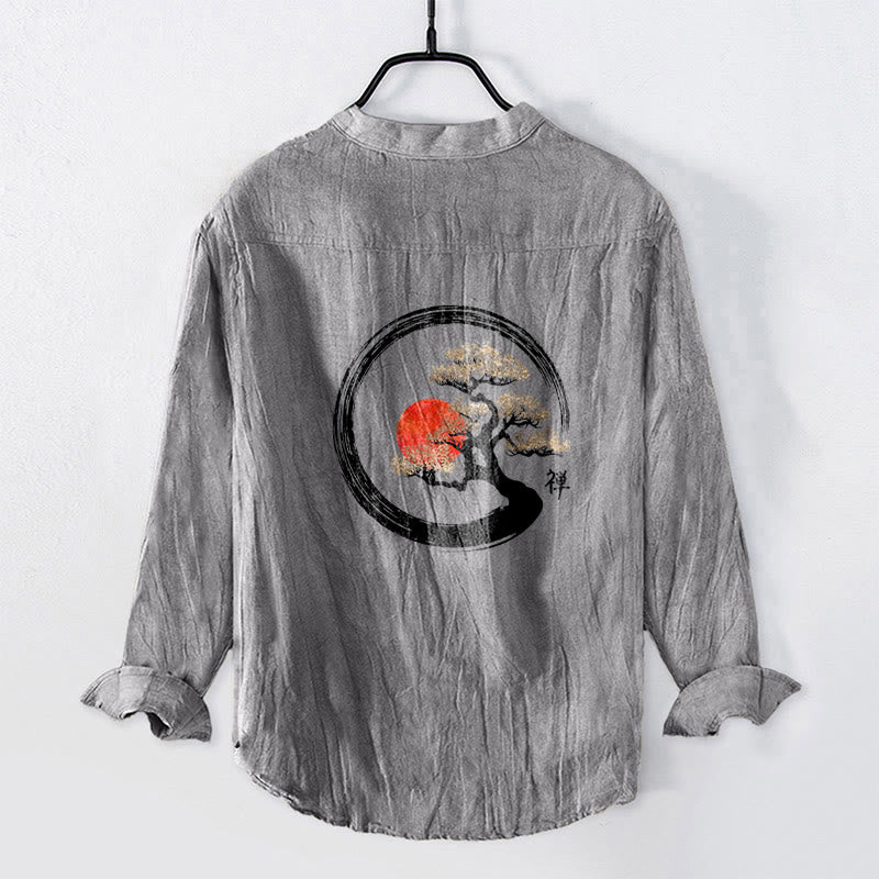 Chemise à manches longues en coton et lin pour homme, motif Buddha Stones, zen, pin, soleil, demi-boutons - image 2