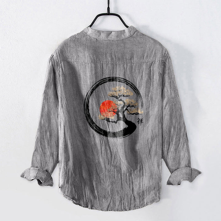 Chemise à manches longues en coton et lin pour homme, motif Buddha Stones, zen, pin, soleil, demi-boutons - image 2